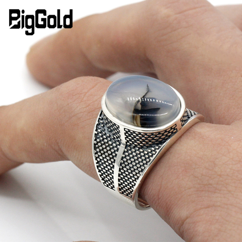 925 Sterling Silver Men Ring with Big Natural Onyx Stone Retro Punk Thai Silver Ring for Male Female Turkish Jewelry ► Photo 1/6