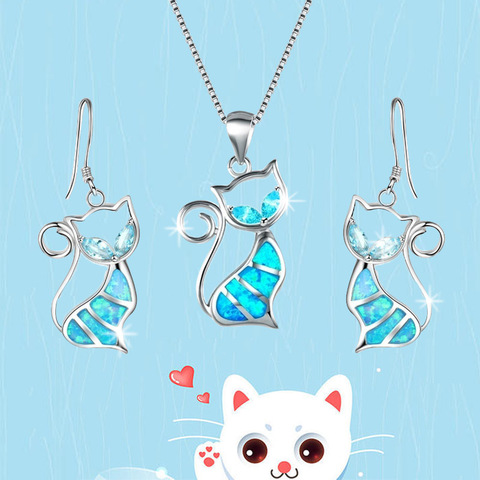 FDLK   Bohemian Style Zinc Alloy Blue Imitation Fire Opal Cat Pendant Necklace Earrings Women Fashion Wedding Animal Jewelry Set ► Photo 1/5