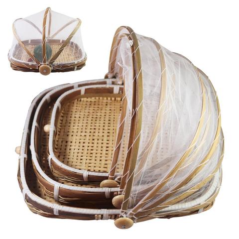 Buy Online Hand Woven Rectangular Bamboo Food Serving Tent Storage Basket Tray Mesh Storage Container With Gauze Cover Panier De Rangement Alitools