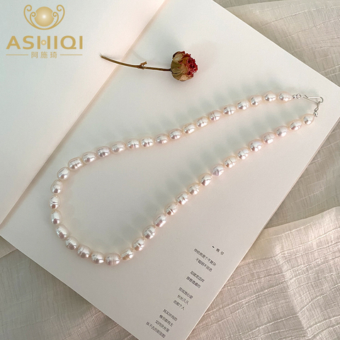 ASHIQI Real Freshwater Pearl Necklace 925 Sterling Silver Clasp Jewelry for Women Natural growth pattern Gift ► Photo 1/6