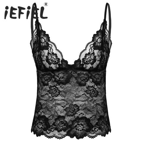 Gay Mens Sissy Adult Crop Top See Through Lace Lingerie Adjustable Spaghetti Straps Deep V Neck Nightwear Camisole Vest Crop Top ► Photo 1/6