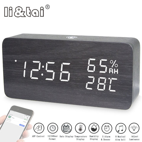Modern wooden Led Alarm Clock sound APP control Temperature Humidity date Electronic Desktop Digital USB Battery Table Clocks ► Photo 1/6