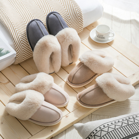 Luxury Faux Suede Home Women Full Fur Slippers Winter Warm Plush Bedroom Non-Slip Couples Shoes Indoor Ladies Furry Slippers ► Photo 1/6