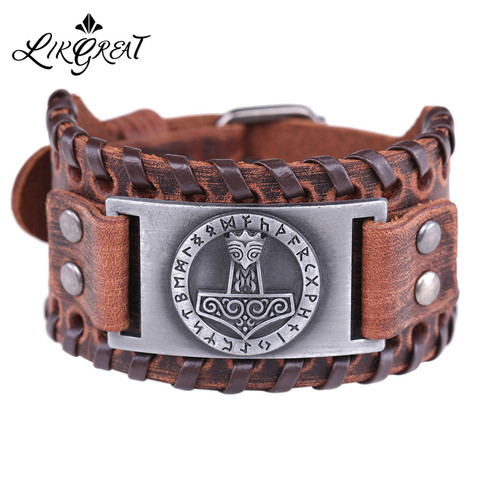 LIKGREAT Viking Wide Leather Wrap Bracelet Men Thor's Hammer Axe Charm Bracelets Vintage Nordic Punk Runes Jewelry Accessories ► Photo 1/6