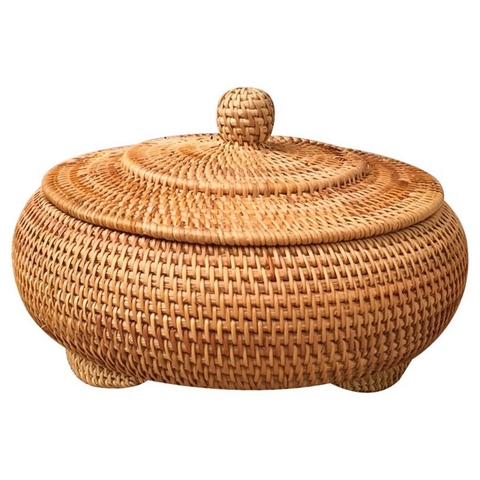 Storage Basket Hand-Woven Rattan Woven with Cover Round Primary Color Chinese Jewelry Snacks Tea Set Storage Box ► Photo 1/6