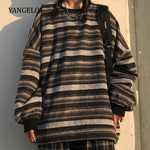 Yangelo Pullovers Women Oversize Unisex Couples Japanese Striped Knit Sweater Hip Hop Female New Winter Fashion Retro Daily 2022 ► Photo 1/6