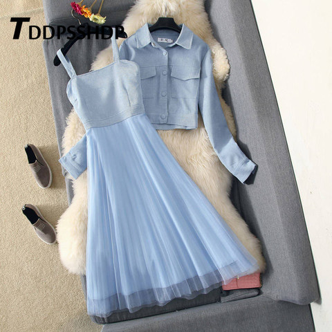 Fashion 2022 Women Dress with Out Wear Apricot Blue Pink Color Two Piece Suit Spring Female Dresses ► Photo 1/6
