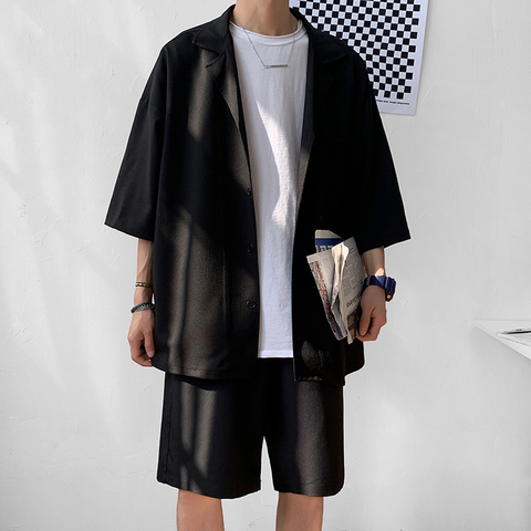 Korean Style Men's Set Suit Jacket and Shorts Solid Thin Short Sleeve Single Pocket Knee-Length Summer Oversized Clothing Man ► Photo 1/6
