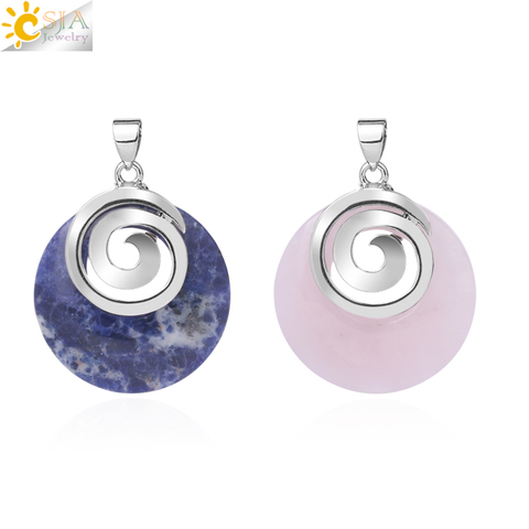 CSJA Natural Stone Pendants for Necklaces Hollow Round Spiral Purple Pink Crystal Sodalite Tiger Eye Aventurine Opal Reiki F863 ► Photo 1/6