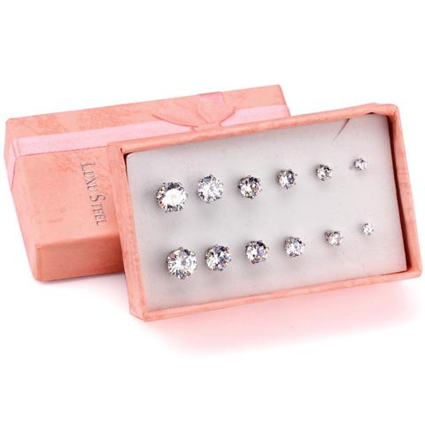 LUXUSTEEL Round/Square Cubic Zirconia 6pair/box Earring Set Colorful BirthStone Push Back Stud Earrings Bijoux pendientes ► Photo 1/6