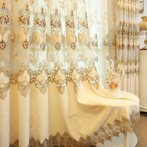 Embroidered Floral Patterned Hollow Sheer Voile Curtain for Bedroom Luxury European Lace Bottom Delicate Drapes M112C ► Photo 1/6