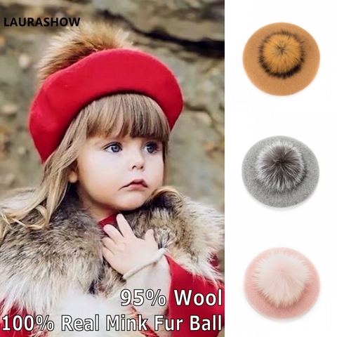 Laurashow Baby Beret Warm Wool Winter Beanie Hat With Real Fur Ball Pom Poms Girl Vintage Plain Kids Beret Hats Parent-child Cap ► Photo 1/6