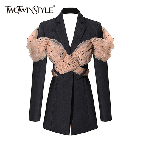 TWOTWINSTYLE Casual Patchwork Dot Mesh Blazer For Women Notched Long Sleeve Backless Blazers Female Fashion New Clothing 2022 ► Photo 1/6