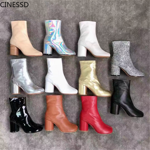 Split Toe Genuine Cow Leather Ankle Boots Women Round Chunky High Heels Short Boots Shoes Ninja Tabi Boots ► Photo 1/6