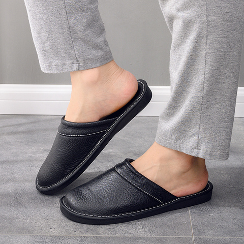 2022 Fashion Solid Black Genuine Leather Slippers Male Female Slides Unisex Indoor Casual Leather Shoes Men Slipper ► Photo 1/6