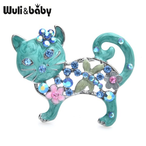 Wuli&baby Lovely Enamel Cat Brooches Women Metal Rhinestone Flower Animal Casual Brooch Pins Gifts ► Photo 1/5