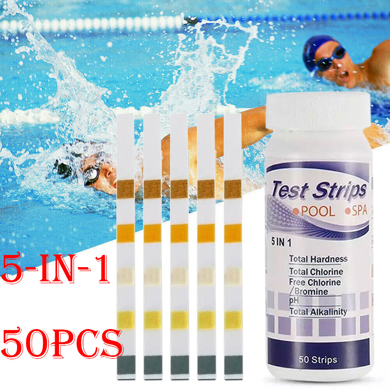 50Pcs 5in1 pool spa water test strips chlorine bromine PH alkalinity hardness 