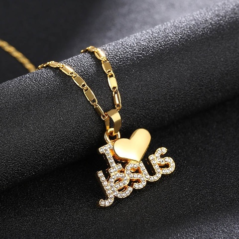 Fashion Shiny Zircon Inlaid Heart Shape Letter I Love Jesus Pendant Necklace The Best Jewelry Gift for Christians ► Photo 1/6