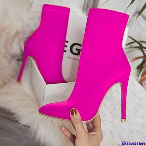 2022 Plus Size 42 Women Fetish Silk Sock Boots 11.5cm High Heels Stretch Stiletto Heels Red Neon Green Ankle Boots Peach Shoes ► Photo 1/6