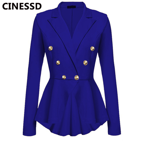 CINESSD Women Blazer Coats Notched Long Sleeves Double Breasted Metal Button Slim Casual Suits Jackets Solid Cotton Lady Blazers ► Photo 1/6