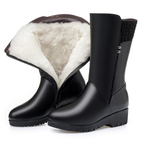 2022 New Winter Rivet Cow Leather Boots For Women Shoes Wedges Inside Plush / Wool Snow Boots Plus Size In-tube Boot Women Boots ► Photo 1/6