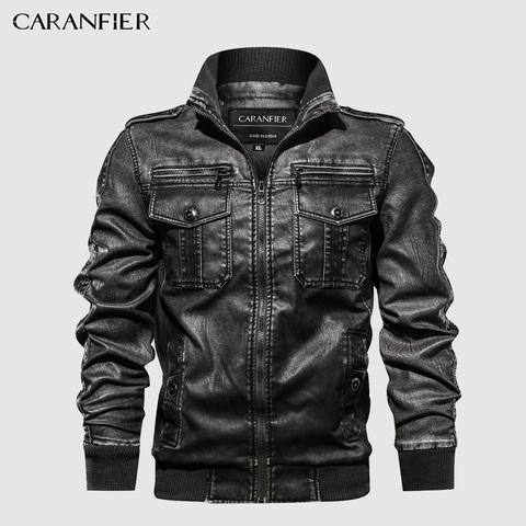 CARANFIER Mens Leather Jackets Motorcycle Stand Collar Zipper Pockets Male US Size PU Coats Biker Faux Leather Fashion Outerwear ► Photo 1/6