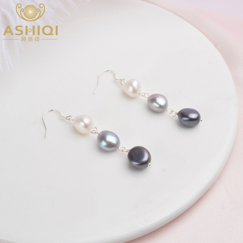 ASHIQI Natural Baroque Pearl 925 Sterling Silver Long Earrings For Women Black freshwater pearl Handmade drop earring Party Gift ► Photo 1/6