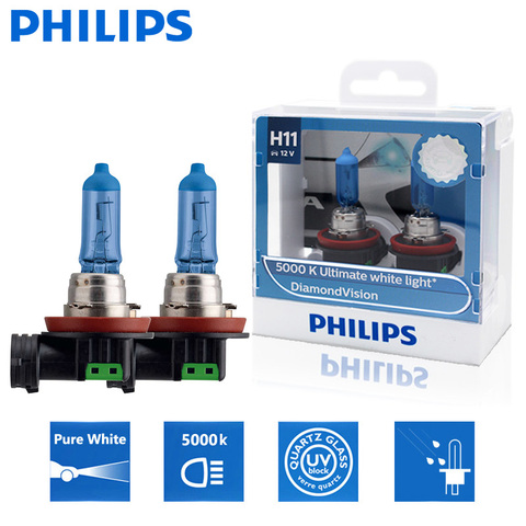 2X Philips H11 12V 55W Diamond Vision 5000K Super White Light Halogen Bulbs Auto Headlight Fog Lamps 12362DVS2 ► Photo 1/6