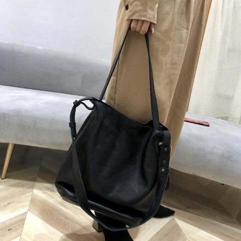 Two Strap Use Genuine Leather Bucket Bag Top Women Handbag High Qualit Capacity Casual Cowhide Shoulder Messenger Bag Retro Bags ► Photo 1/6