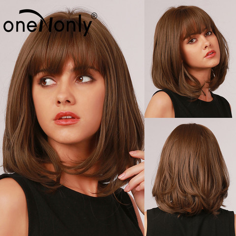 oneNonly Short Bobo Ombre Brown Synthetic Wigs with Bangs Layered Hairstyle for White Black Women Natural Hair Heat Resistant ► Photo 1/6