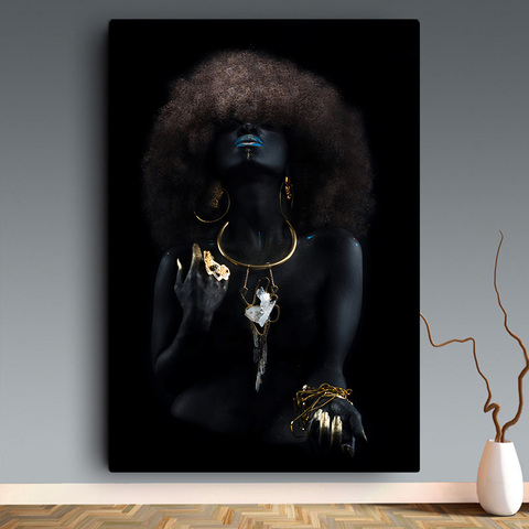 SELFLESSLY Black Girl Golden Nails Canvas Paintings For Living Room Fashion Art Posters and Prints Modern Pictures Unframed ► Photo 1/6