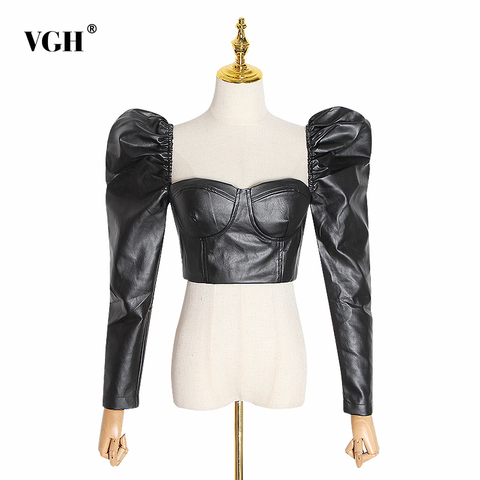 VGH Vintage PU Leather Short Backless Women's Blouse Square Collar Puff Long Sleeve Tunic Shirts Female Fashion 2022 Clothing ► Photo 1/6