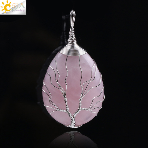 CSJA Natural Stone Pink Quartz Necklace & Pendant Silver-color Tree of Life Wire Wrapped Water Drop Shape for Women Jewelry F122 ► Photo 1/6