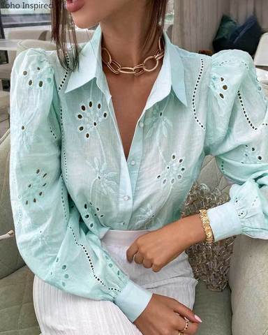BOHO INSPIRED Shirts Blouses Women Fashion Casual Tops Female Turn-Down Collar Long Sleeve Blouse Ol Style Shirt Simple Top ► Photo 1/6