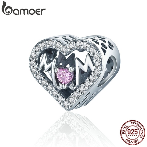 BAMOER Authentic 100% 925 Sterling Silver Heart MOM Letter Clear CZ Charm Fit Charm Bracelet DIY Jewelry Mother Gift SCC395 ► Photo 1/5