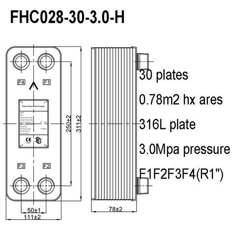 0.78m2 Heat Transfer Areas 30 Plates 316L Stainless Steel Customized Brazed Plate Heat Exchanger with R1