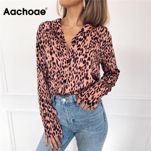 Aachoae Women Blouses Autumn Leopard Blouse Long Sleeve Turn Down Collar Lady Office Shirt Loose Tops Plus Size Blusas Chemisier ► Photo 1/6