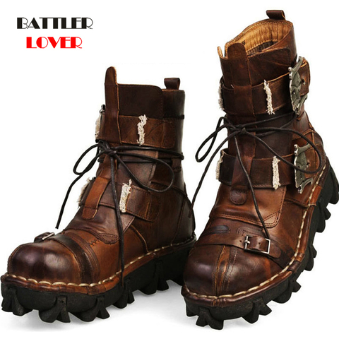 Men's Cowhide Genuine Leather Work Boots Military Combat Boots Gothic Skull Punk Motorcycle Martin Boots Mens Riding Climbing ► Photo 1/6