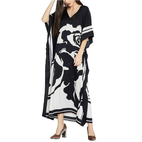 2022 Plus size Beach Cover-ups Bohemian Black Print V-neck Long Dress Beach Tunic Women Sarong Beach Kaftan Swimsuit Cover Up ► Photo 1/6