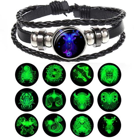 Zodiac Sign Luminous Braided  Gemini Cancer Leo Virgo Libra Scorpio 12 Constellation Punk Leather Zodiac Bracelet For Men Women ► Photo 1/6