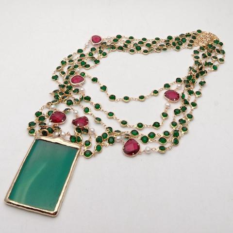 YYGEM  Green Agate Pendant 5 Strands 18'' White Pearl Green red Crystal Chain Necklace handmade vintage party style ► Photo 1/6