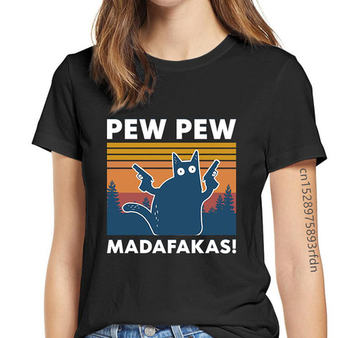 Women's Cat Pew Pew Madafakas Funny T-Shirt Girl Cat Gangster With Gun Meme Retro Humor Tops Tee Female 90s Clothes,Drop Ship ► Photo 1/1