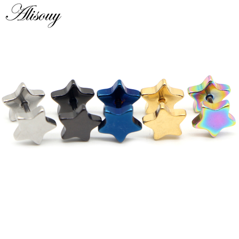 Alisouy 2pcs New Unisex Stainless Steel Barbell Ear Stud Classic Five-Pointed Star Earrings Screw Back Ear Piercing Body Jewelry ► Photo 1/6