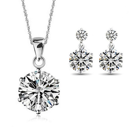 Fine Jewelry Sets 925 Sterling Silver Classic Cubic Zirconia CZ Pendant Neckalce Stud Earring Set 6 Claws Nice Made ► Photo 1/4