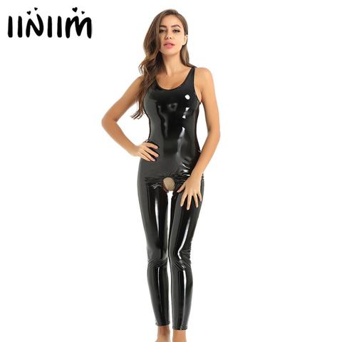 iiniim Womens Femme Wet Look Leather Crotchless Sissy Catsuit Teddies Jumpsuit Evening Parties Performance Clubwear Costumes ► Photo 1/6