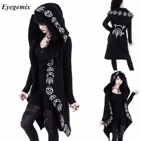 Gothic Punk Black Long Women Hoodies Sweatshirts 2022 Autumn Moon Print Long Sleeve Hoodie Women Loose Coat Hooded Sweatshirt ► Photo 1/6