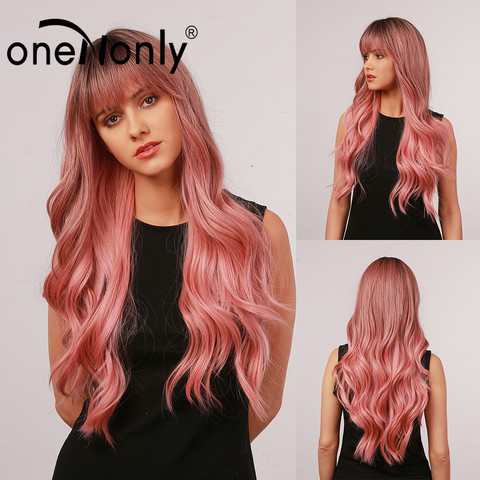 oneNonly Long Synthetic Hair Wigs with Air Bangs Ombre Pink Wigs for White Black Women Sexy Wig Pink Female Cosplay Wig  Fringe ► Photo 1/6