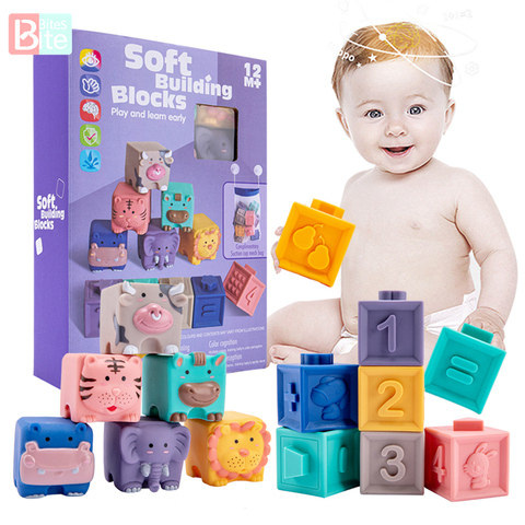 Montessori Toys 12PCS Baby Blocks Toy Soft Building Blocks 3D Touch Hand Balls Baby Massage Rubber Teethers Squeeze Toy Bath Toy ► Photo 1/6