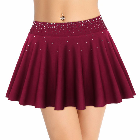 ChicTry Women Shiny Rhinestone Latin Gymnastics Figure Skating Skirts High Waist A-line Built-in Briefs Mini Skirt Dance Wear ► Photo 1/6