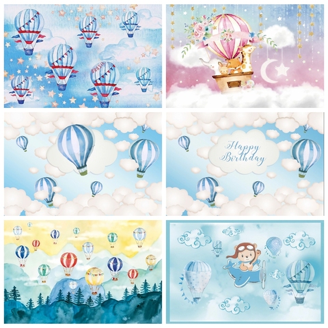 Laeacco Birthday Backdrop Blue Sky White Clouds Hot Air Balloons Stars Kids Newborn Photocall Baby Shower Photography Background ► Photo 1/6